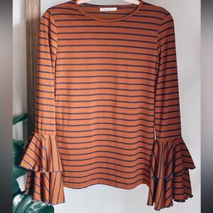 AND THE WHY Fall Feels Striped Flare Double Bell Sleeve Top - Brown Black